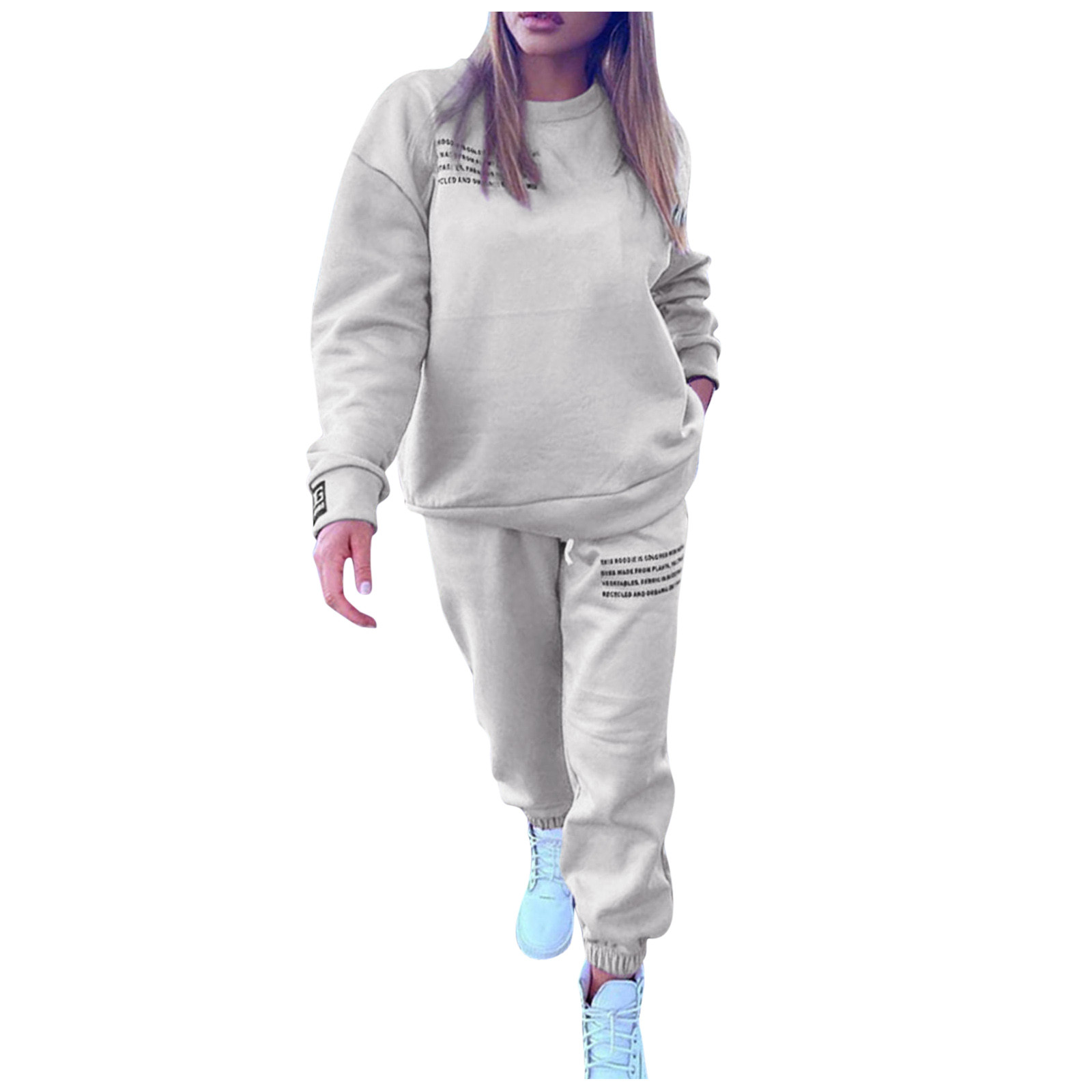 thumbnail image 1 of Conjunto de chándal de mujer con estampado de letras de 2 piezas: camiseta de manga larga con cuello redondo y pantalones holgados, informal/deportivo, otoño/invierno (S-XL), 1 of 8
